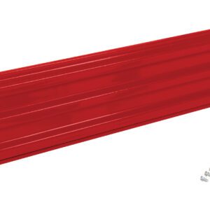 The Vestil Bolt-On Style Guard Rail 7 Ft Red includes a long, ribbed metal bracket in a vibrant red color and comes with six small screws for secure installation.