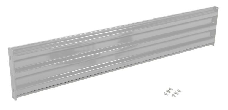 GR-F3R-BO-7-SL_A.jpg A long metallic silver panel with horizontal ridges sits on a white background, reminiscent of the Vestil Bolt-On Style Guard Rail 7 Ft Silver, with five small screws in front.