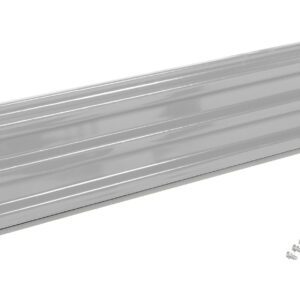 A long metallic silver panel with horizontal ridges sits on a white background, reminiscent of the Vestil Bolt-On Style Guard Rail 7 Ft Silver, with five small screws in front.