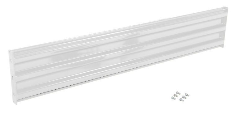 This metal kick plate is white, rectangular, smooth, and horizontally indented, echoing the sleek design of the Vestil Bolt-On Style Guard Rail 7 Ft White. Several mounting screws are included and shown against a plain white background.