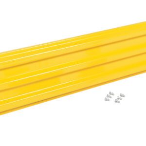 A long, rectangular yellow metal shelf bracket resembling the Vestil Bolt-On Style Guard Rail 7 Ft Yellow is placed horizontally against a white background, with six small screws grouped below it.