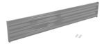 An 8-ft long metallic panel with horizontal ridges, similar to the Vestil Bolt-On Style Guard Rail 8 Ft Gray Semi Gloss, has six screws on its right, appears steel-made, and sports a sleek gray semi-gloss finish.