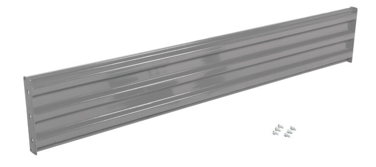 GR-F3R-BO-8-GYSG_A.jpg An 8-ft long metallic panel with horizontal ridges, similar to the Vestil Bolt-On Style Guard Rail 8 Ft Gray Semi Gloss, has six screws on its right, appears steel-made, and sports a sleek gray semi-gloss finish.