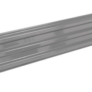 An 8-ft long metallic panel with horizontal ridges, similar to the Vestil Bolt-On Style Guard Rail 8 Ft Gray Semi Gloss, has six screws on its right, appears steel-made, and sports a sleek gray semi-gloss finish.