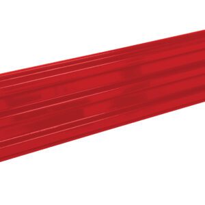 The red, rectangular Vestil Bolt-On Style Guard Rail 8 Ft features a ribbed design and is surrounded by small silver screws near one end, all set against a pristine white background.