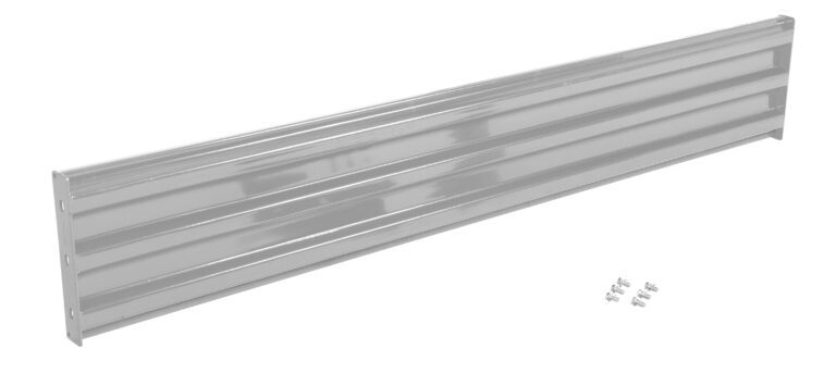 A long, metallic silver panel with a ribbed texture is displayed on a white background. Resembling the Vestil Bolt-On Style Guard Rail 8 Ft Silver, small screws are carefully positioned near the panel.