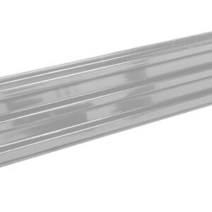 A long, metallic silver panel with a ribbed texture is displayed on a white background. Resembling the Vestil Bolt-On Style Guard Rail 8 Ft Silver, small screws are carefully positioned near the panel.