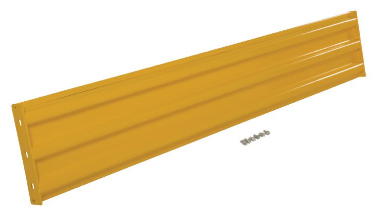 The Vestil Bolt-On Style Guard Rail 8 Ft Yellow features a ribbed texture and includes multiple metal screws for installation, providing functionality and safety against a plain white background.