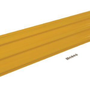 The Vestil Bolt-On Style Guard Rail 8 Ft Yellow features a ribbed texture and includes multiple metal screws for installation, providing functionality and safety against a plain white background.