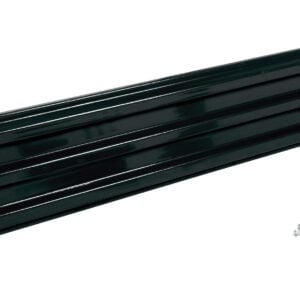 A long, rectangular metal panel with a dark green finish and parallel grooves lies beside six small screws on the right of the 9 Ft black Vestil Bolt-On Style Guard Rail, looking ideal for construction or installation.