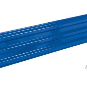 A long blue metal shelf with ribbed texture and slightly bent edges, similar to the durable Vestil Bolt-On Style Guard Rail 9 Ft Blue, includes a small screw set.