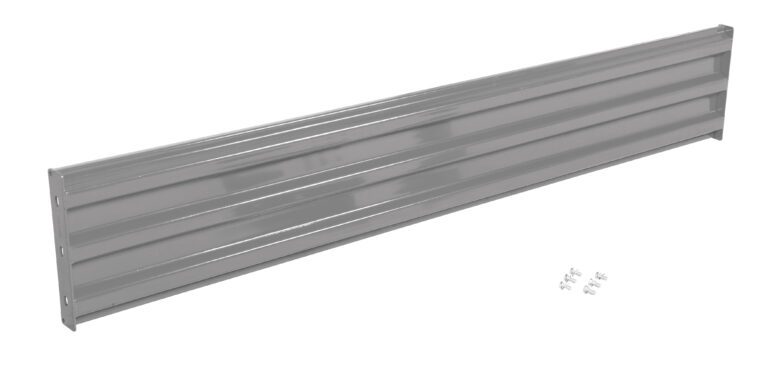 GR-F3R-BO-9-GYSG_A.jpg A long, rectangular gray metal panel featuring horizontal grooves and small fasteners, similar to a Vestil Bolt-On Style Guard Rail 9 Ft Gray Semi Gloss, set against a white background.