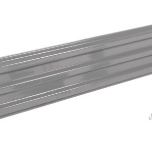 A long, rectangular gray metal panel featuring horizontal grooves and small fasteners, similar to a Vestil Bolt-On Style Guard Rail 9 Ft Gray Semi Gloss, set against a white background.