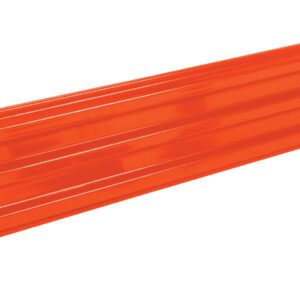 A Vestil Bolt-On Style Guard Rail 9 Ft Orange with a ribbed texture is positioned horizontally, accompanied by four small screws lying on the white surface nearby.