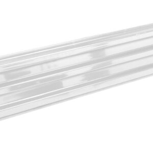The 9 ft white Vestil Bolt-On Style Guard Rail features a sleek metallic finish. Five small screws lying diagonally against a white background accompany it, enhancing its striking appearance.