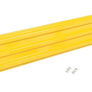 Yellow metal shelf bracket with a ribbed design mirrors the industrial style of the Vestil Bolt-On Style Guard Rail 9 Ft Yellow, includes four screws, on a white background.
