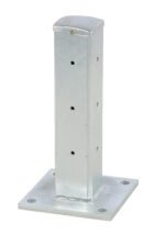 The Vestil Rigid Tube Post 18 In Bolt-On Style Galvanized features a metallic square post bracket with multiple holes attached to a square base plate. Its polished finish ensures durability and versatility, all set against a white background.