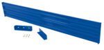 The Vestil Drop-In Style Guard Rail 10 Ft Blue includes a strong blue metal beam and two extra brackets, with a set of screws, all elegantly presented on a clean white background.