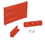 Vibrant red metal brackets and connectors ideal for storage installation, featuring a wall bracket, two smaller support brackets, and assembly screws. Comparable in quality to the Vestil Drop-In Style Guard Rail 2 Ft Orange. Displayed on a plain white background.