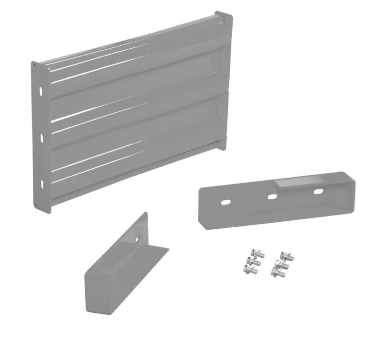 A galvanized steel shelf kit featuring a louvered panel, two brackets, and six screws is shown on a white background, perfectly compatible with the Vestil Drop-In Style Guard Rail 2 Ft Silver to enhance durability and strength.