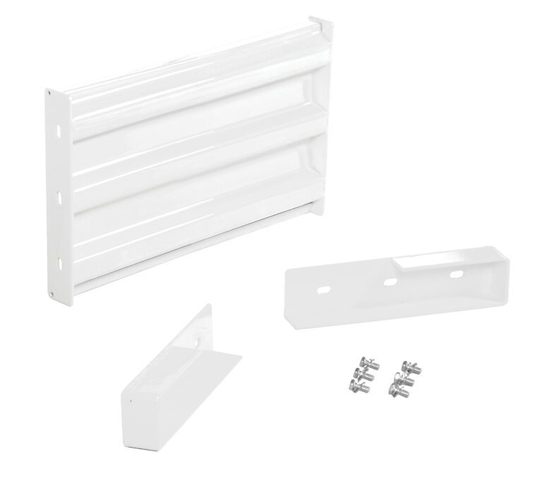White metal vent cover with angled slats, similar to the Vestil Drop-In Style Guard Rail 2 Ft White, displayed next to a mounting bracket and screws against a white backdrop.