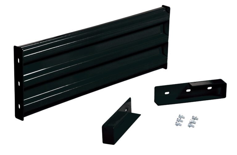 The Vestil Drop-In Style Guard Rail 3 Ft Black includes a long rectangular metal panel with screw holes, two smaller wall mount brackets, and eight screws, all displayed on a white background.
