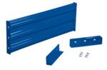 The blue metal bracket set, similar to the Vestil Drop-In Style Guard Rail 3 Ft Blue, includes a ridged rectangular piece, a triangular support, a perforated support, and small screws.