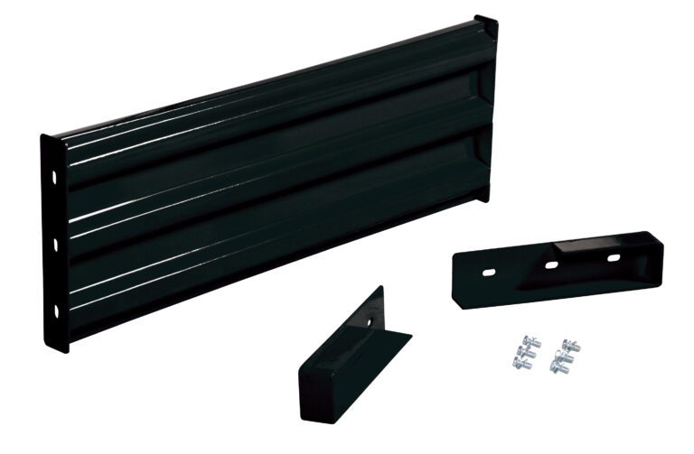 A durable garage door threshold seal kit, similar to the Vestil Drop-In Style Guard Rail 4 Ft Black, features a black metal ribbed design and includes two brackets with screws to keep water, dust, and debris outside your garage.