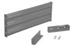 The gray garage door reinforcement kit, like the Vestil Drop-In Style Guard Rail 4 Ft Gray Semi Gloss, features a central support beam, two angled brackets, and screws, all set against a crisp white background.