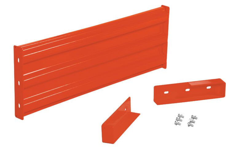 GR-F3R-DI-4-OR_A.jpg The red wall mount kit features a long horizontal panel with mounting holes, two L-shaped brackets, and screws. Its robust design is similar to the Vestil Drop-In Style Guard Rail 4 Ft Orange. Each component is displayed separately on a plain white background.