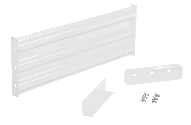 GR-F3R-DI-4-WT_A.jpg A white metal wall bracket with multiple grooves, resembling the Vestil Drop-In Style Guard Rail 4 Ft White, is on display. It comes with two smaller angle brackets and screws as a complete assembly kit for secure wall mounting.