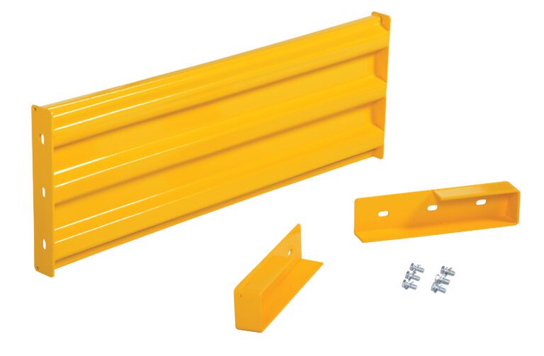 GR-F3R-DI-4-YL_A.jpg The Vestil Drop-In Style Guard Rail 4 Ft Yellow includes a sturdy metal rail with two mounting brackets and six bolts, shown on a white background.