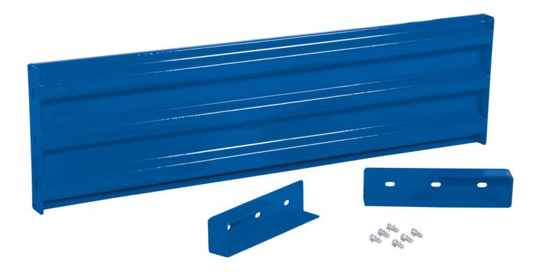 GR-F3R-DI-5-BU_A.jpg A pristine blue metal shelf panel and two smaller brackets with pre-drilled holes, resembling a Vestil Drop-In Style Guard Rail 5 Ft Blue, are displayed alongside neatly arranged silver screws, ready for assembly.