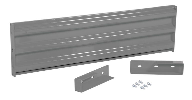 Gray metal bracket with a ribbed surface and accompanying screws on a white background resemble the practicality of the Vestil Drop-In Style Guard Rail 5 Ft Gray Semi Gloss for secure, stylish support.