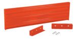 The Vestil Drop-In Style Guard Rail 5 Ft Orange includes an orange metal beam and mounting brackets, complete with screws, set against a white background. The rectangular beam features brackets with holes for convenient installation.