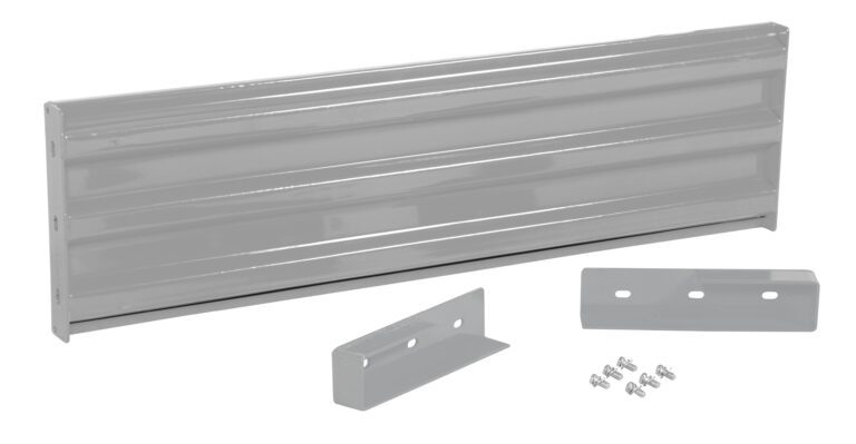 GR-F3R-DI-5-SL_A.jpg A glossy gray metal panel, in the sleek style of the Vestil Drop-In Style Guard Rail 5 Ft Silver, is accompanied by two matching L-shaped brackets and eight screws, elegantly arranged on a pristine white background.