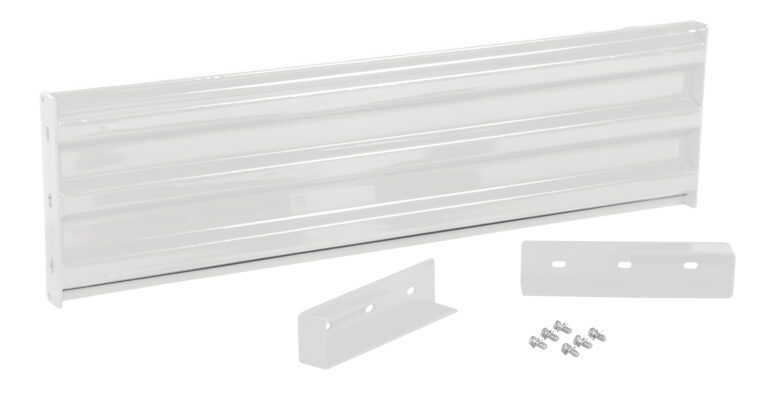 GR-F3R-DI-5-WT_A.jpg A white rectangular panel with horizontal grooves, mirroring the Vestil Guard Rail 5 Ft White, comes with two smaller holed attachments and a screw set, all neatly placed on a white background.