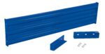 A set of blue metal brackets and panels, similar to the Vestil Drop-In Style Guard Rail 6 Ft Blue, features a ribbed rectangular panel, two smaller brackets, and screws, all arranged elegantly on a white background.