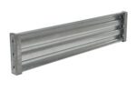 A metallic beam with a ribbed surface and vertical edges for mounting resembles the Vestil Drop-In Style Guard Rail 6 Ft Galvanized. Its silver-gray hue suggests its made of galvanized steel or aluminum.
