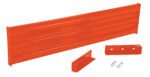The Vestil Drop-In Style Guard Rail 6 Ft Orange includes an orange metal beam, a smaller bracket, and a corner piece with screws, making it ideal for construction or assembly use.