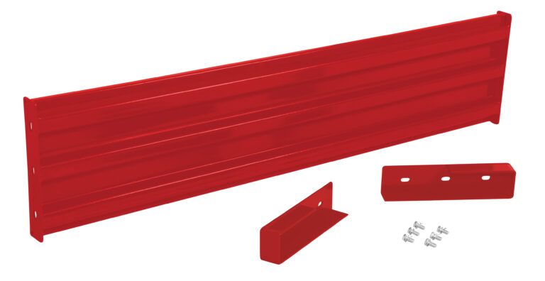 GR-F3R-DI-6-RD_A.jpg The red Vestil Drop-In Style Guard Rail 6 Ft complements a red metal tool chest drawer front panel, including handle, bracket, and screws, all set against a clean white background.