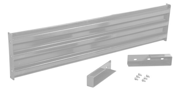 GR-F3R-DI-6-SL_A.jpg The Vestil Drop-In Style Guard Rail 6 Ft Silver includes two rectangular brackets and eight screws, neatly positioned on a white background.