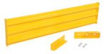 The Vestil Drop-In Style Guard Rail 6 Ft Yellow kit features a long main piece, two brackets, and several bolts for easy assembly. Ideal for safety barriers, it is visually set against a plain white background.