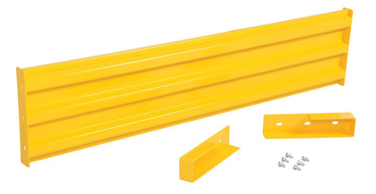 The Vestil Drop-In Style Guard Rail 6 Ft Yellow kit features a long main piece, two brackets, and several bolts for easy assembly. Ideal for safety barriers, it is visually set against a plain white background.