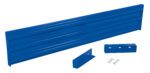 A ribbed-texture metal wall bracket in blue, similar to the Vestil Drop-In Style Guard Rail 7 Ft Blue, lies flat. It comes with two smaller blue metal pieces and screws.