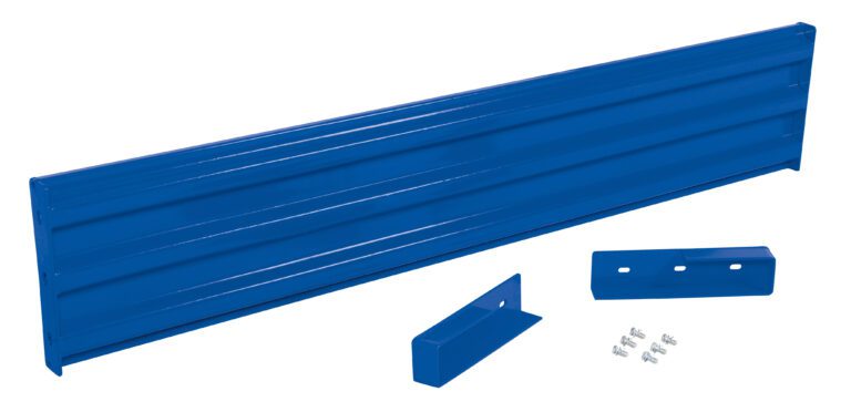 A ribbed-texture metal wall bracket in blue, similar to the Vestil Drop-In Style Guard Rail 7 Ft Blue, lies flat. It comes with two smaller blue metal pieces and screws.
