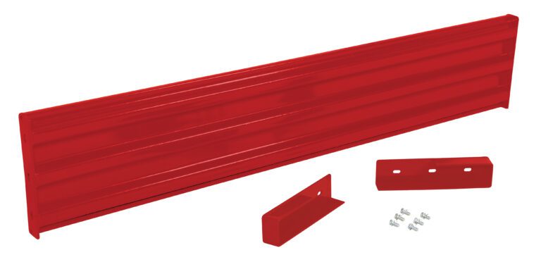 GR-F3R-DI-7-RD_A.jpg A red horizontal panel with three grooves, two red brackets, and screws resembles a mounting or shelving component like the Vestil Drop-In Style Guard Rail 7 Ft Red.
