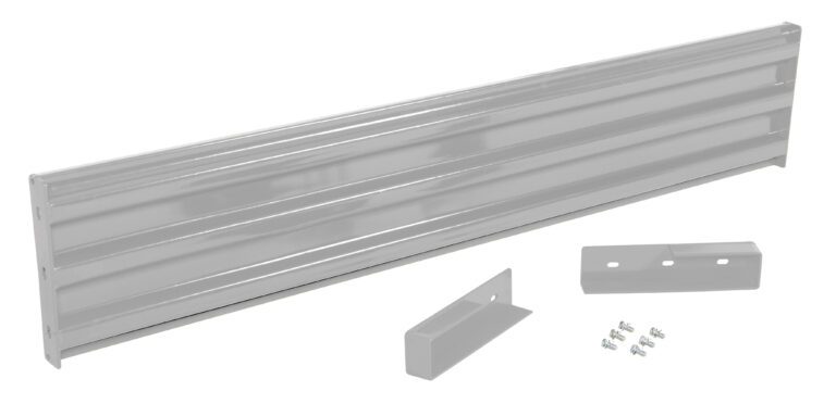 GR-F3R-DI-7-SL_A.jpg A gray metal wall bracket system, similar to the robust Vestil Drop-In Style Guard Rail 7 Ft Silver, showcases a long slatted panel with two mounting brackets and screws, all on a white background.