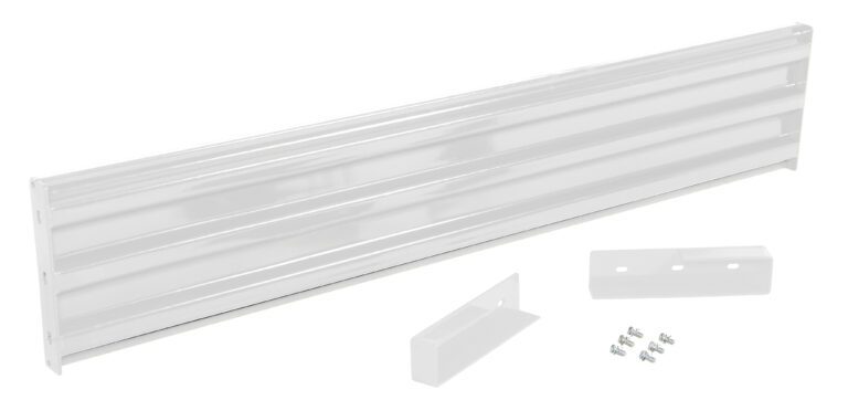 White rectangular metal bracket with ribbed surface, akin to the Vestil Drop-In Style Guard Rail 7 Ft White, includes two smaller L-shaped brackets and six assembly screws, all set against a plain white background.