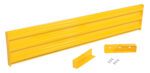 The yellow metal wall bumper, similar to the Vestil Drop-In Style Guard Rail 7 Ft Yellow, has a ribbed surface and includes two small brackets with screws, offering a complete mounting kit for easy installation.